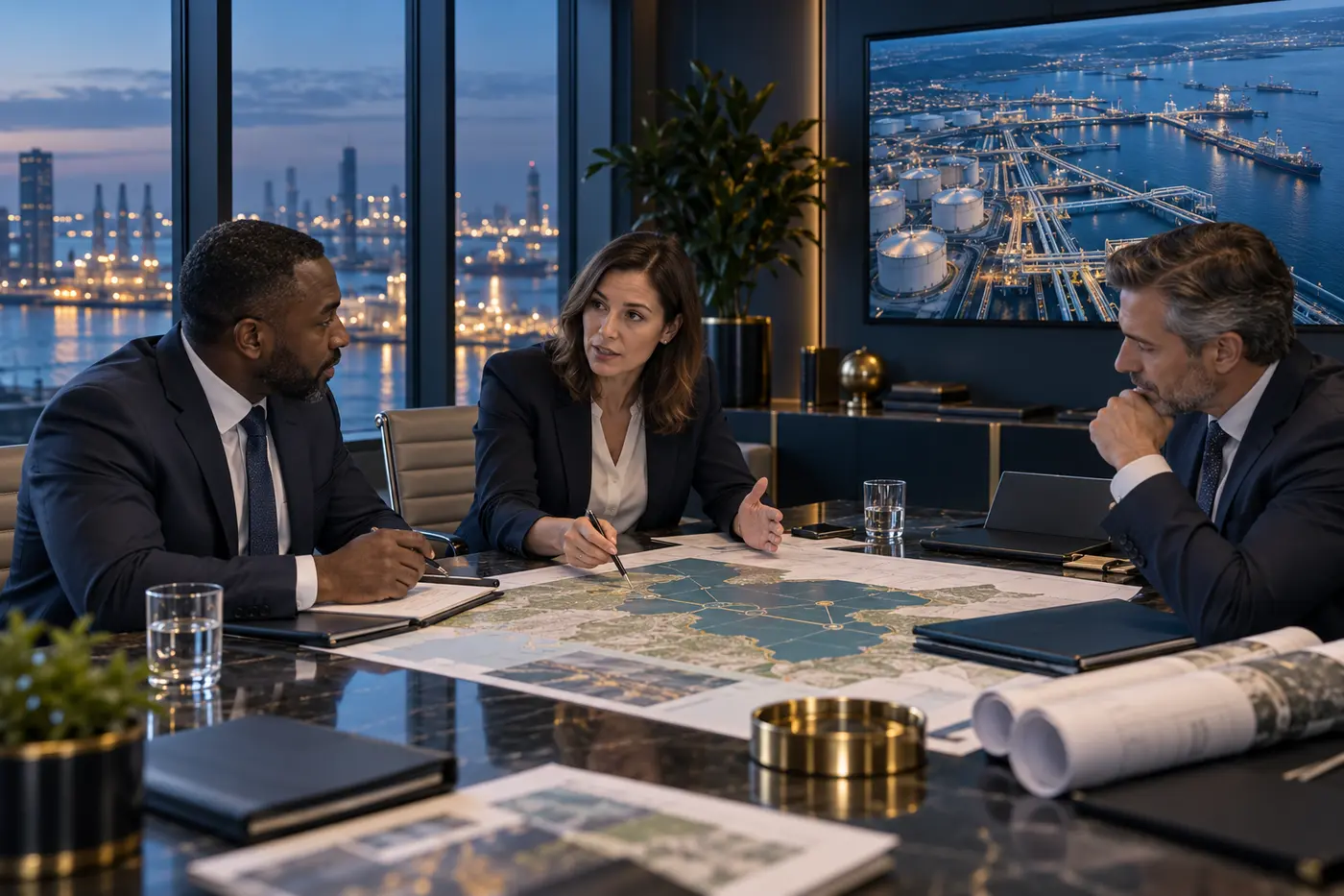 Executives discussing energy strategy in a conference room